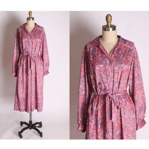1970s Pink Blue Paisley Floral Long Sleeve Dress